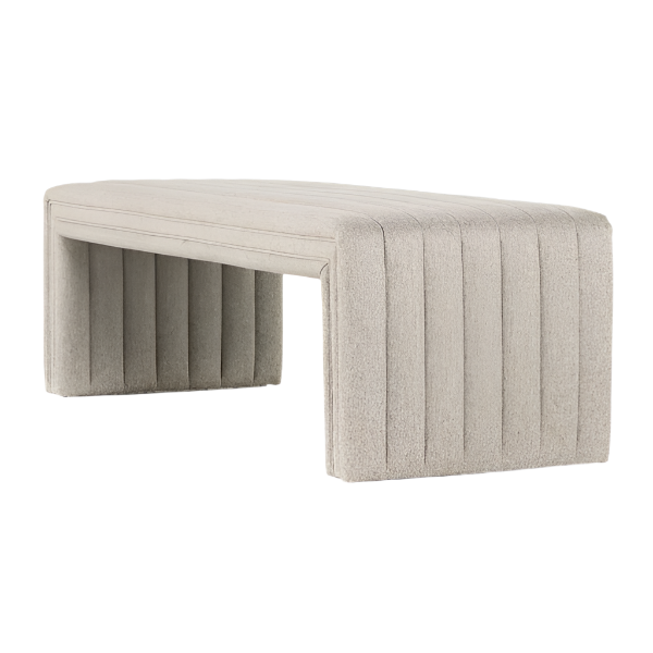 75-inch upholstered end-of-bed bench in natural beige boucle fabric with vertical channel tufting and wrapped legs over a solid wood frame, minimalist coastal-modern silhouette.