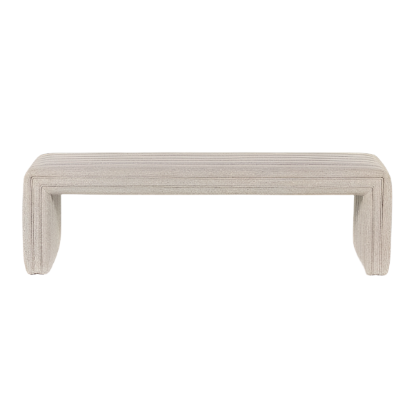 75-inch end-of-bed bench upholstered in natural beige boucle fabric with channel-stitched top, low U-shaped integrated legs and a solid wood frame for a minimalist coastal look.