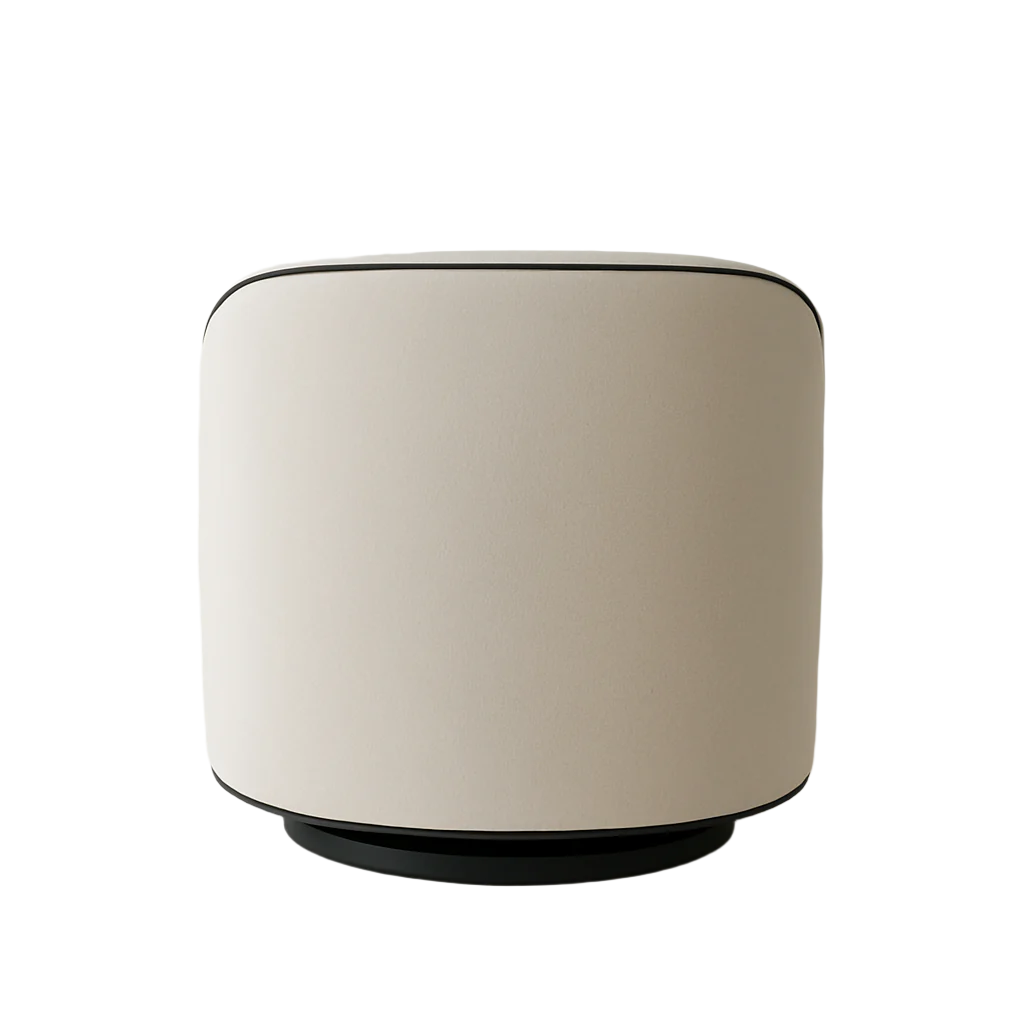 Rear view of a cream fabric swivel barrel chair showing a smooth upholstered back with slim black piping at the top and bottom and a low round black swivel base on a white background.