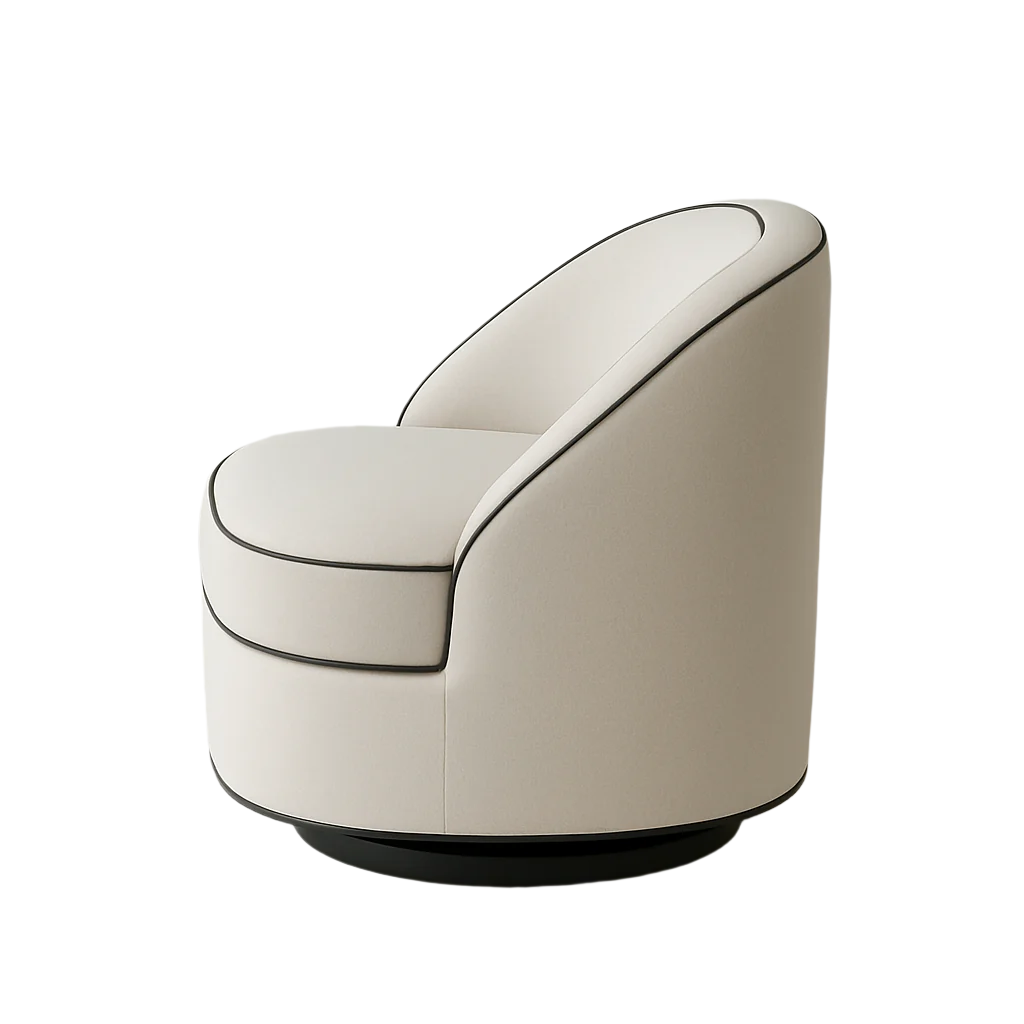 Cream fabric swivel barrel chair with black contrast piping, curved full back, cushioned seat and a low black round swivel base in a modern contemporary style.