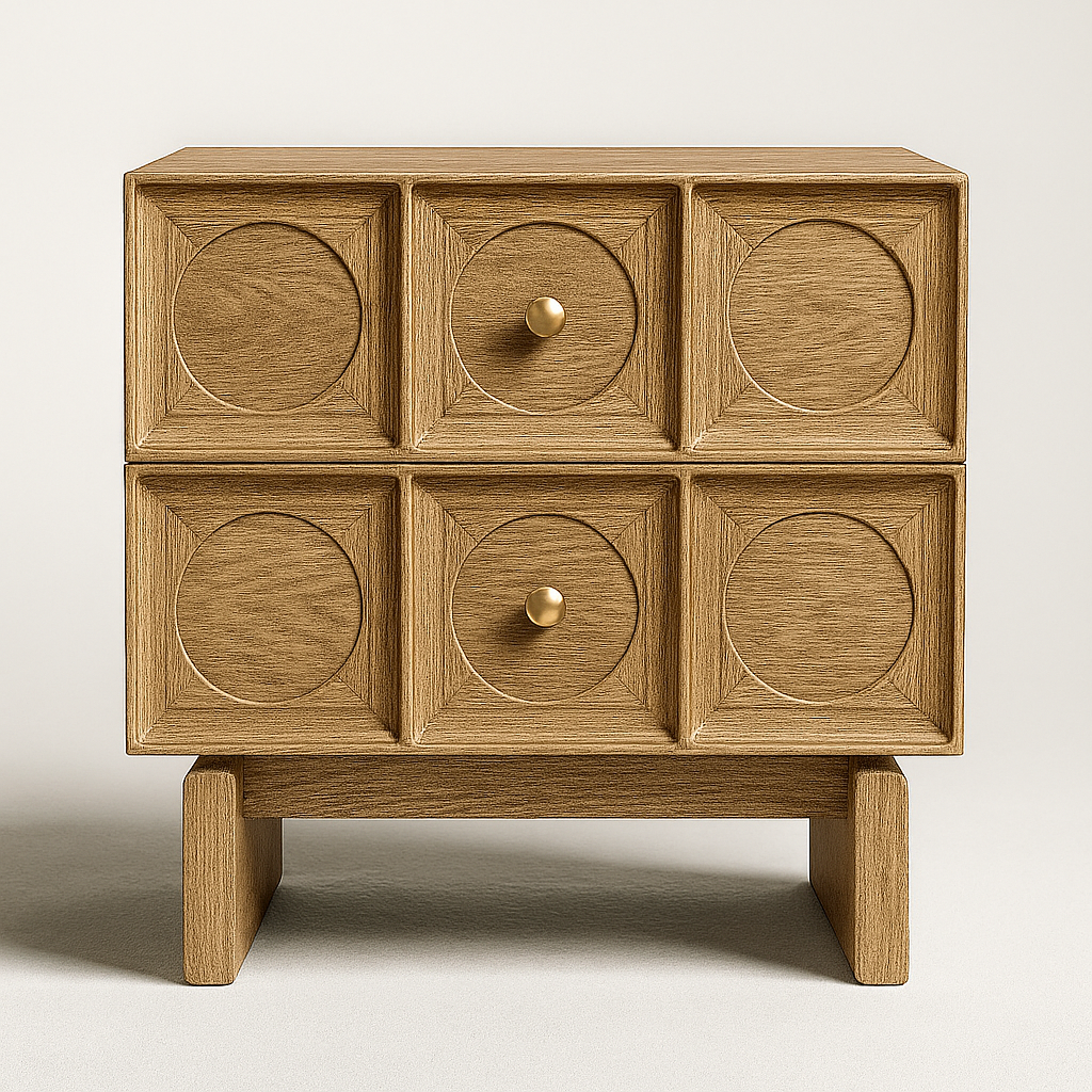 Amelia Solid Oak Wood & Oak Veneer Large Nightstand with Brass Handles