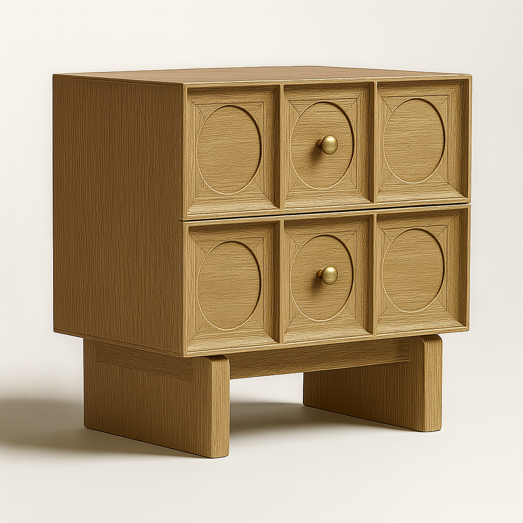 Solid oak nightstand in a light natural wood finish with six square drawer fronts featuring circular recessed panels, two small round brass knobs, and wide block legs in a contemporary glam style on a neutral background.