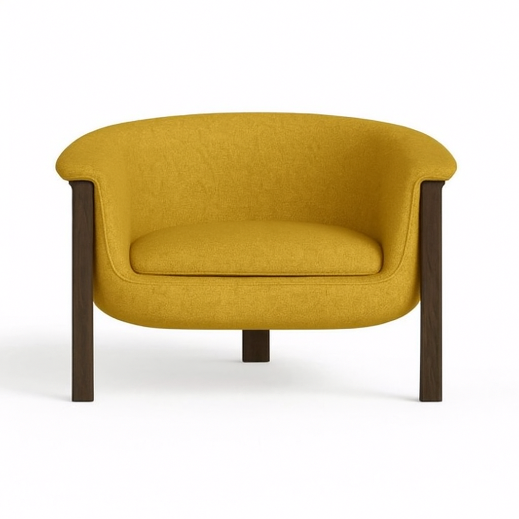 Front view of a modern barrel-style accent chair upholstered in mustard-yellow fabric with a cushioned seat and exposed dark wood legs and frame.