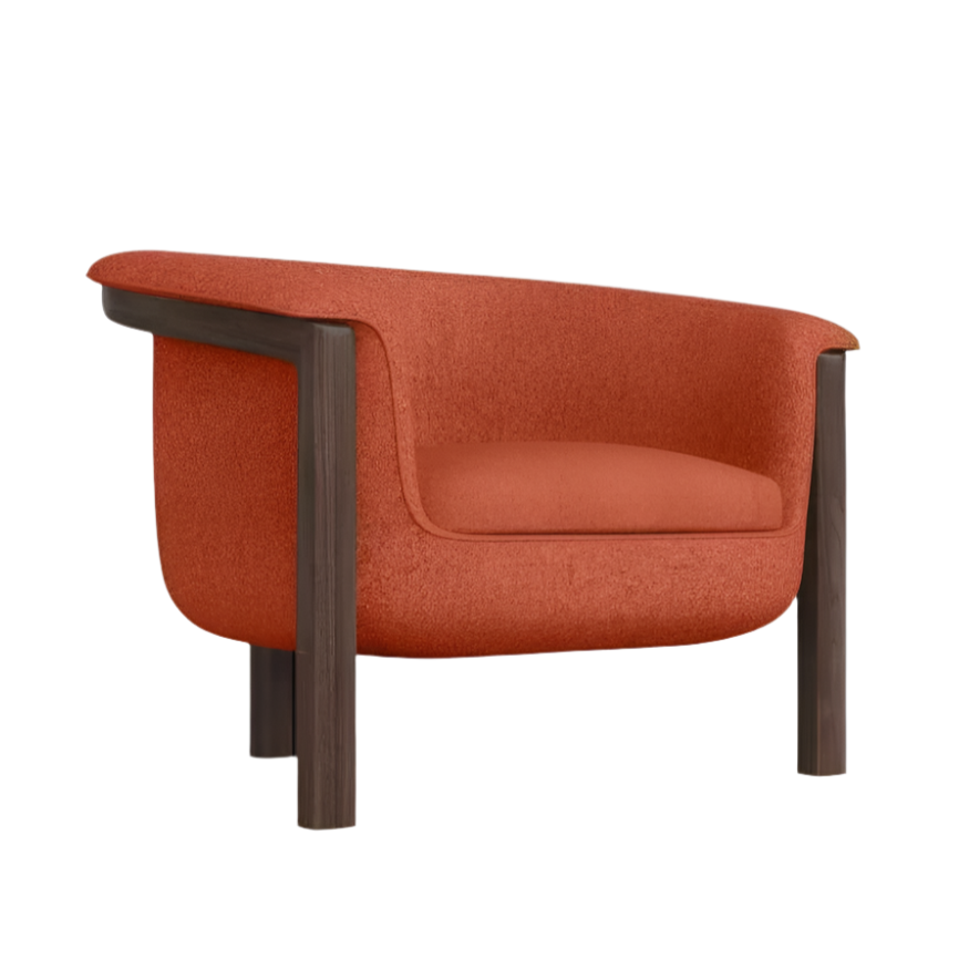 Modern orange upholstered accent chair in textured fabric with a curved wraparound back and seat cushion, supported by dark wood legs and a wood arm-frame that extends up the sides.