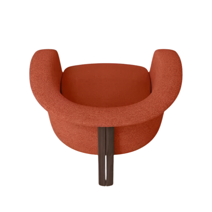 Top-front view of a modern accent chair upholstered in textured orange fabric, featuring sweeping curved armrests, a rounded cushioned seat, and a single dark wooden front leg.