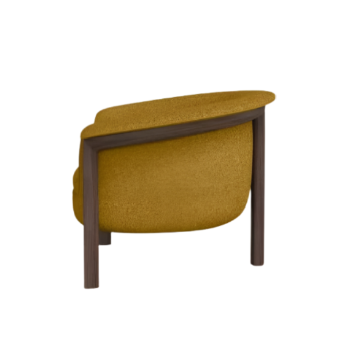 Rear view of a mustard-yellow upholstered accent chair with a curved back, textured fabric seat and a dark wood frame with round rear legs.