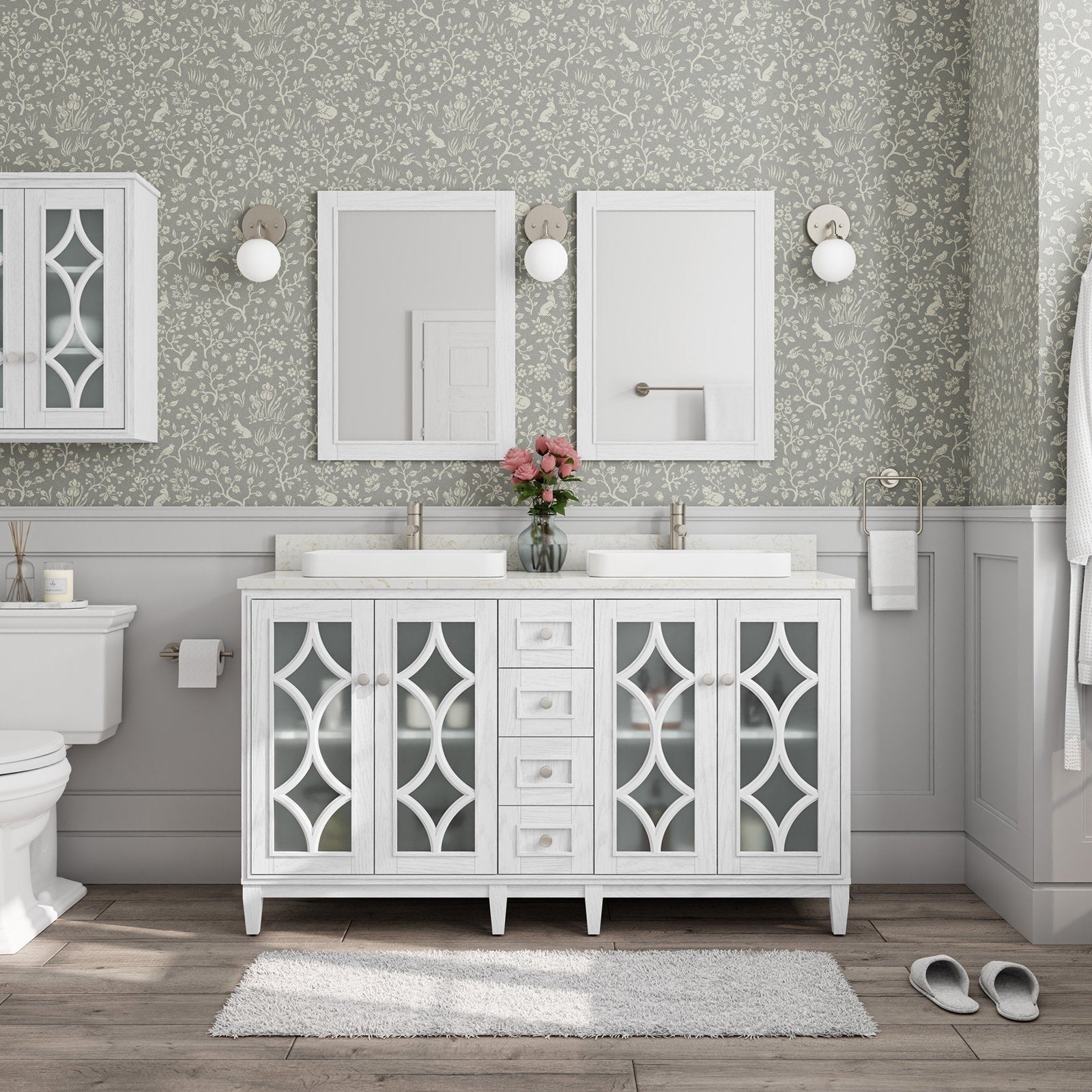 White solid-wood double bathroom vanity with stone countertop and two rectangular vessel sinks, decorative frosted-glass cabinet doors, central drawers, brushed-nickel faucets, twin mirrors and wall sconces.