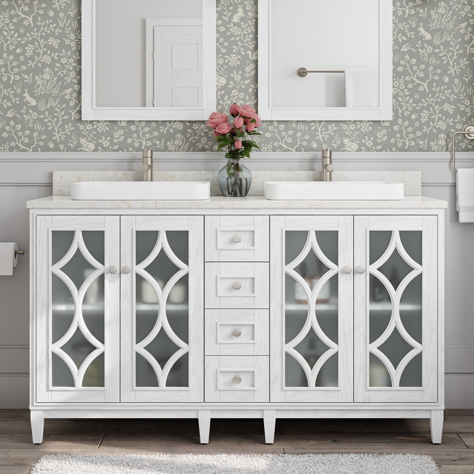 Stone-top 60-inch white solid wood double-sink bathroom vanity with frosted glass doors featuring decorative lattice panels, five center drawers, vessel sinks and brushed nickel faucets, styled with pink roses.