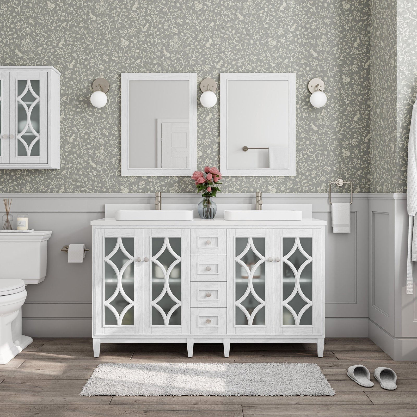 Modern 60-inch solid wood double bathroom vanity with a stone countertop, white painted base, decorative frosted-glass cabinet doors, two rectangular vessel sinks, twin mirrors and wall sconces.