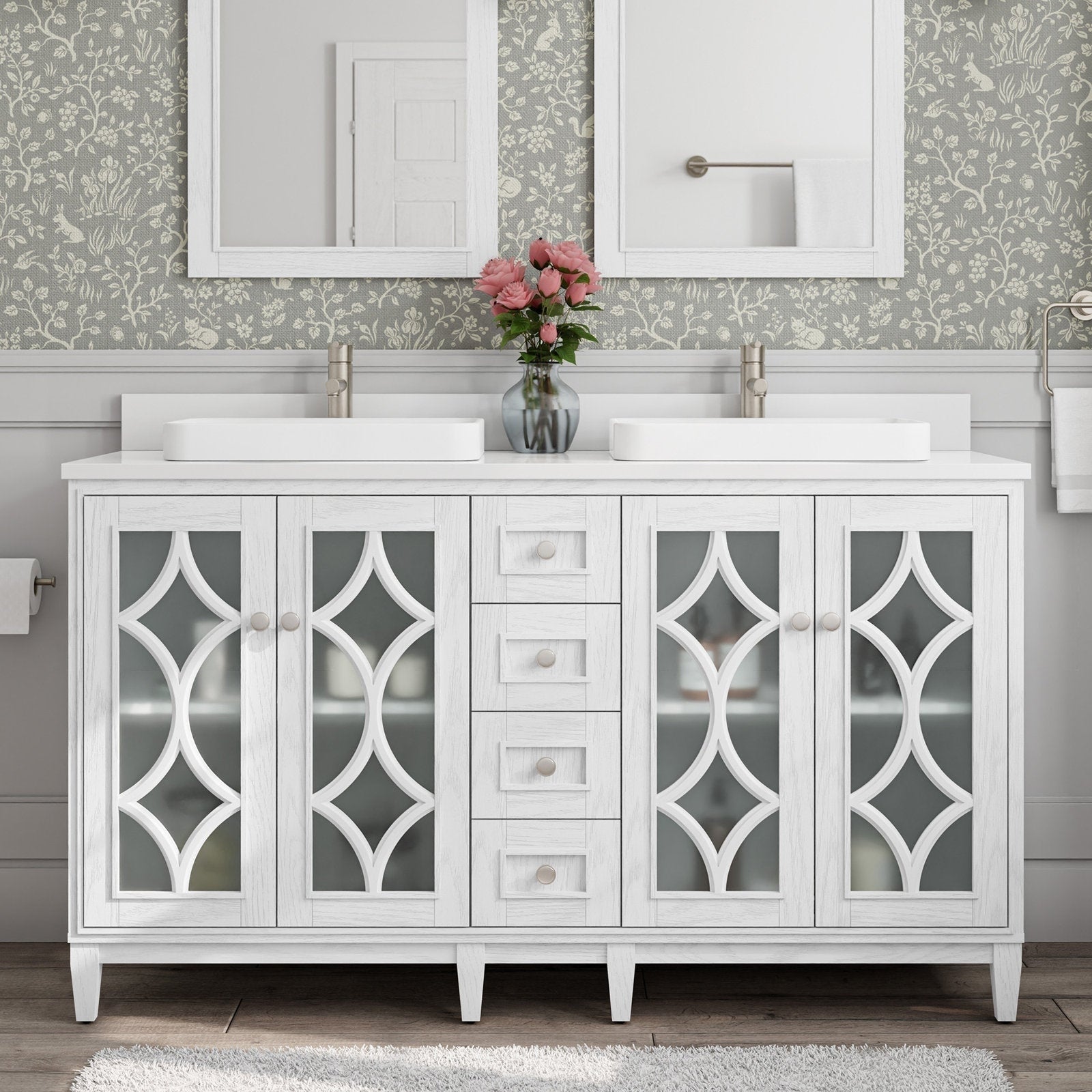Freestanding modern white solid-wood double bathroom vanity with a stone countertop, two rectangular vessel sinks, brushed-nickel faucets, central drawers and decorative frosted-glass lattice doors, styled with pink roses.