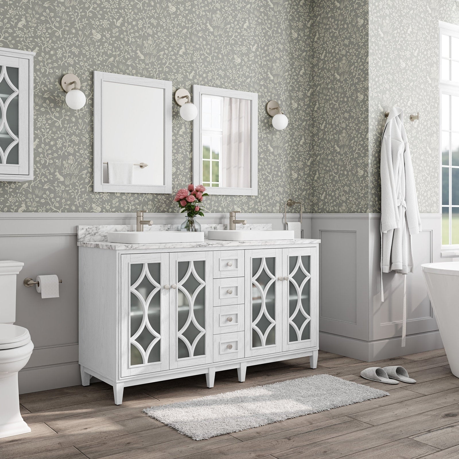 Freestanding modern solid wood double bathroom vanity in white with a stone countertop, two rectangular ceramic vessel sinks, brushed-nickel faucets, decorative lattice glass cabinet doors and center drawers, shown with mirrors.