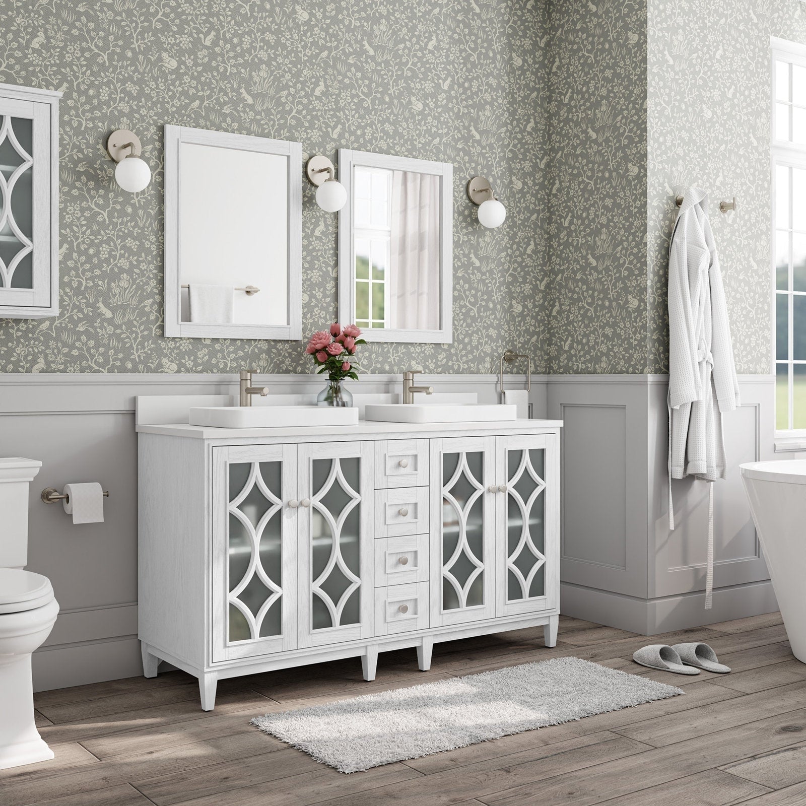 60-inch freestanding whitewashed solid wood bathroom vanity with stone countertop, two rectangular vessel sinks, brushed nickel faucets, central stacked drawers and decorative frosted-glass cabinet doors in a modern bath