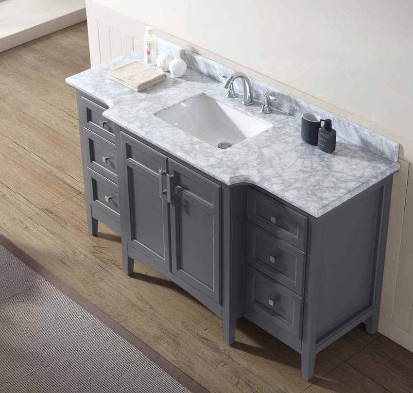 Freestanding 60-inch modern bathroom vanity in gray solid wood with a stone marble top, integrated rectangular white ceramic undermount sink, chrome faucet and backsplash, flanked by stacked drawers and a central double-door cabinet.
