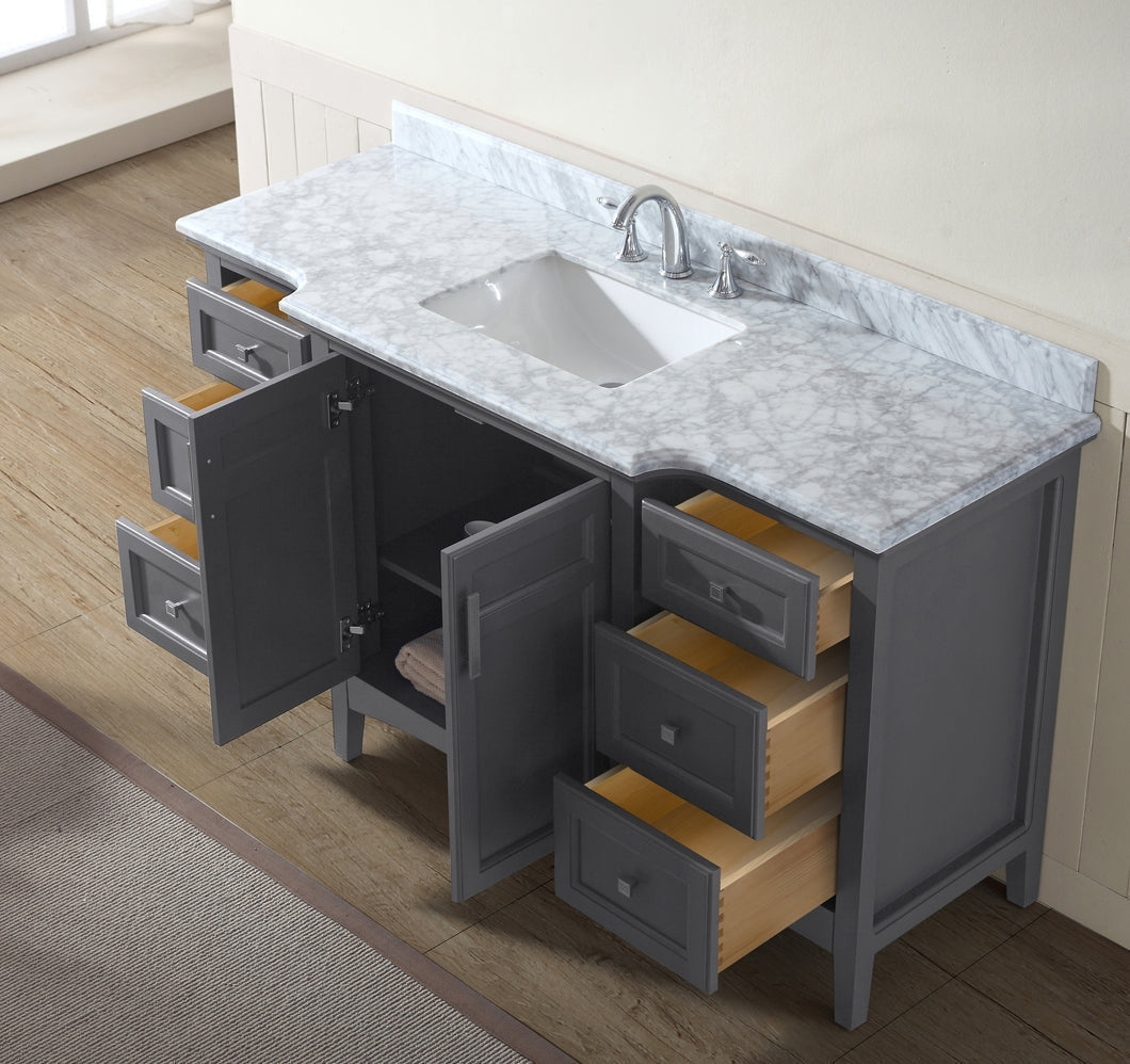 60-inch modern gray solid-wood bathroom vanity with stone marble top, integrated white undermount sink and chrome faucet, freestanding base with open doors and drawers showing natural wood interiors and storage.