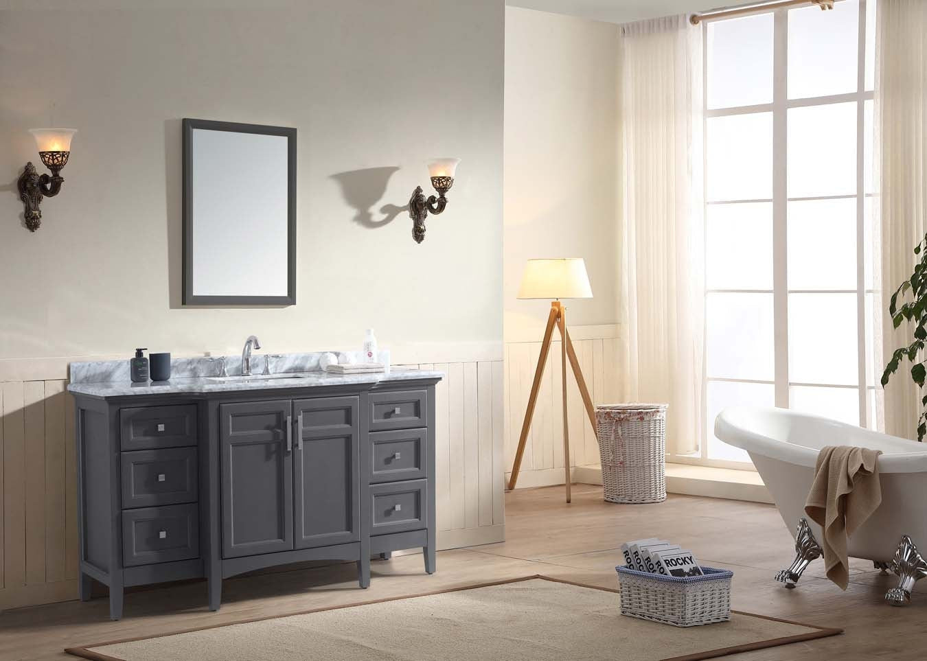 Freestanding 60-inch gray solid wood bathroom vanity with marble stone countertop and single sink, central double-door cabinet flanked by drawers, chrome faucet and square pulls, staged in a modern bathroom with mirror and clawfoot tub.