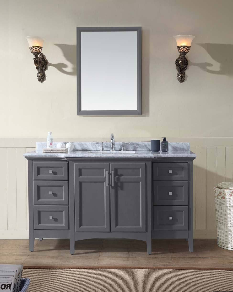 Freestanding 60-inch modern gray solid wood bathroom vanity with marble stone countertop, single undermount sink and chrome faucet, paired with a framed mirror and two wall sconces above.