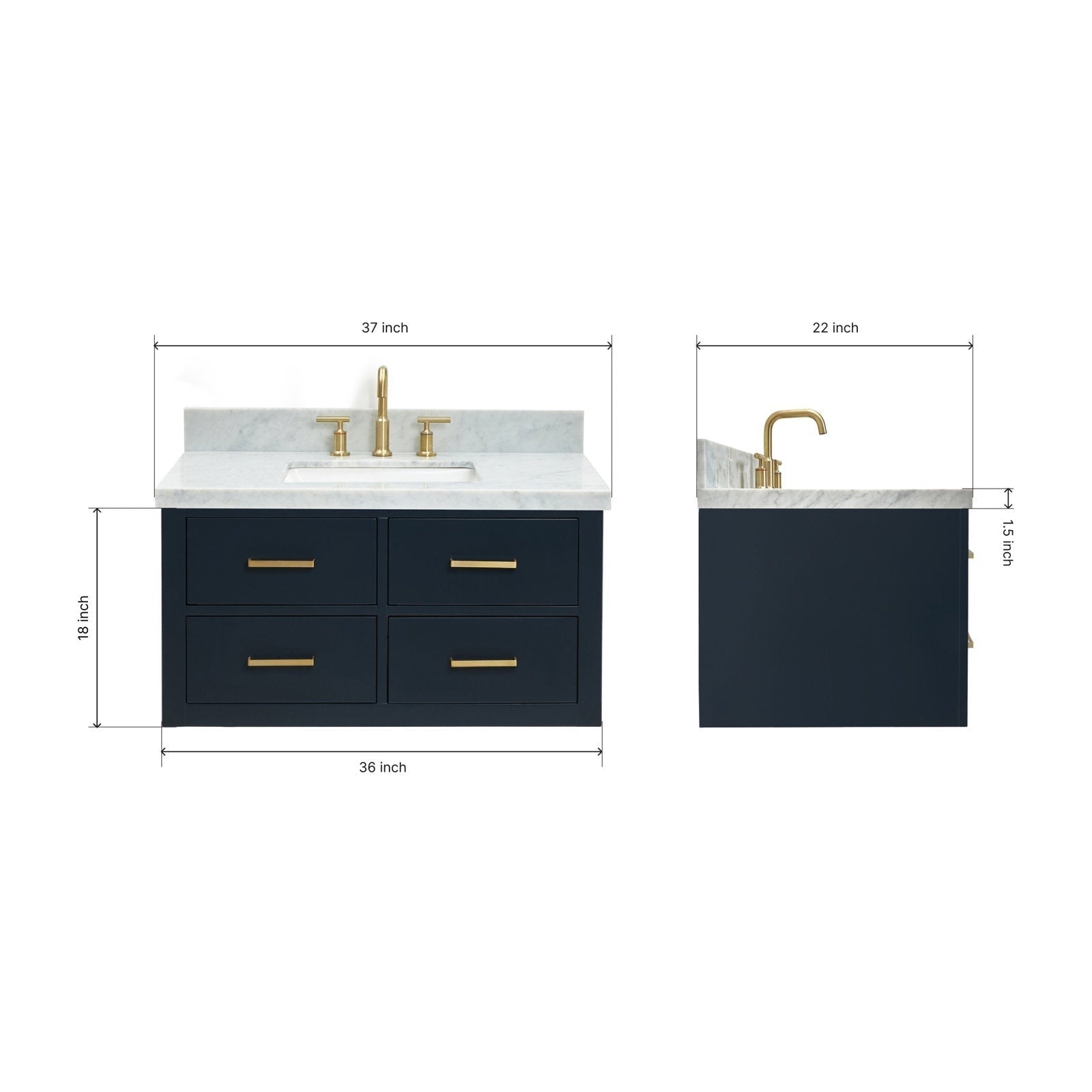 Front and side views of a 37-inch modern solid wood bathroom vanity in stone finish with a marble top, integrated white ceramic sink, four drawers with gold handles and matching gold faucet; annotated dimensions visible.
