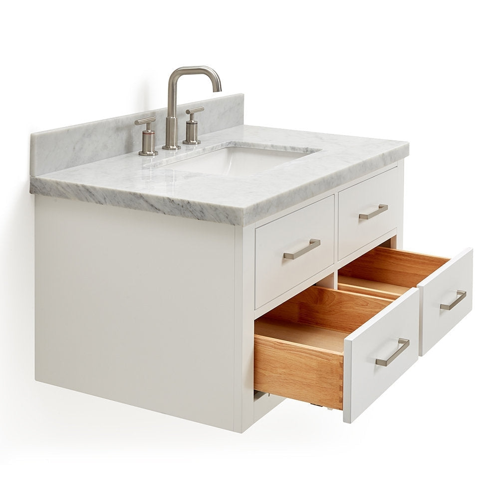 Floating 37-inch single-sink bathroom vanity with stone marble top and integrated ceramic basin, light stone-painted solid wood cabinet, four drawers with natural wood interiors (two open) and brushed nickel hardware.