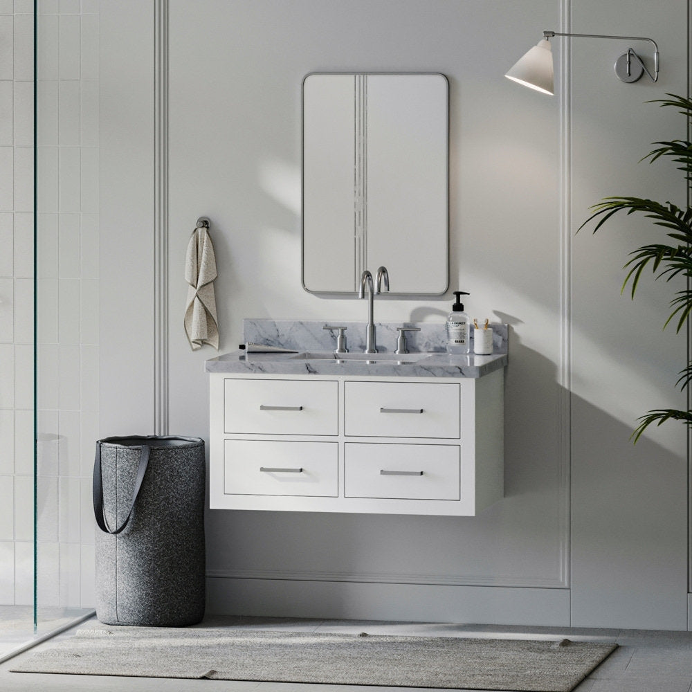 37-inch modern solid-wood floating bathroom vanity with gray stone countertop, single ceramic sink, four soft-close drawers and brushed nickel hardware.