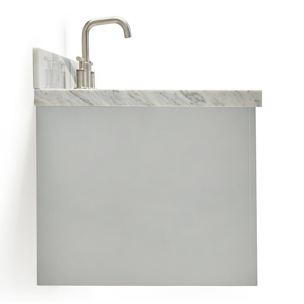 Side view of a modern stone-gray solid wood 37-inch single-sink bathroom vanity with a white marble stone top, low backsplash and brushed nickel faucet and handles.