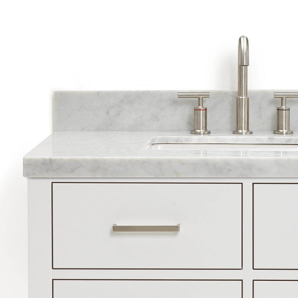 Close-up of a modern 37-inch white solid wood bathroom vanity showing a stone marble-look countertop and backsplash, undermount rectangular sink, brushed nickel widespread faucet with T-handles, and slim metal drawer pull.