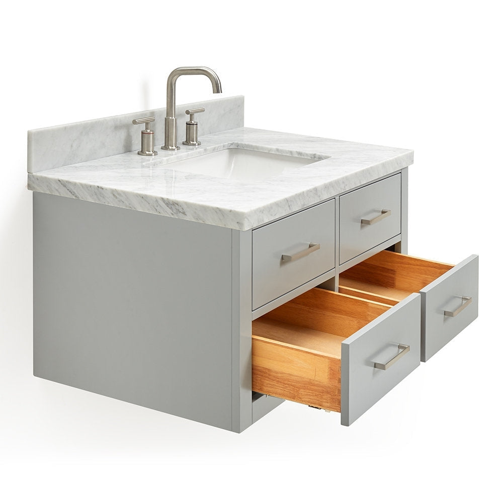 Modern 37-inch gray solid-wood bathroom vanity with stone marble top, undermount ceramic sink, brushed-nickel faucet and four drawers, two shown open to reveal natural wood interiors.