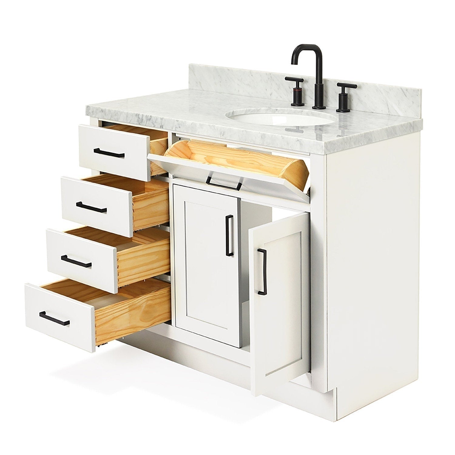 Freestanding modern white solid-wood bathroom vanity with stone countertop and integrated oval sink, matte black faucet and handles, four open drawers showing natural wood interiors, tilt-out tray and center cabinet open.