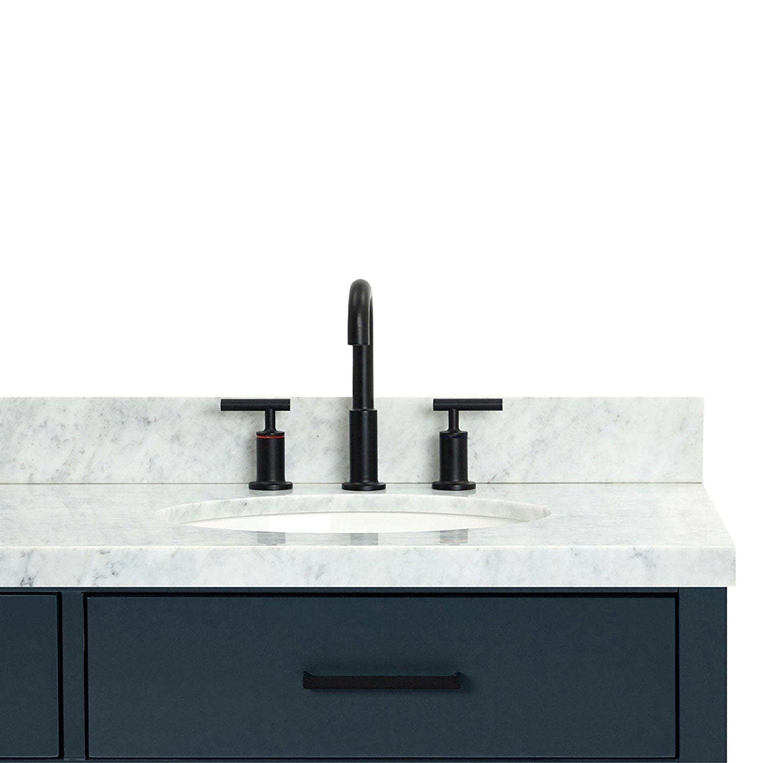 Front close-up of a 43-inch solid wood bathroom vanity with a stone countertop, white undermount ceramic sink, matte black three-piece faucet and a matching black drawer handle.