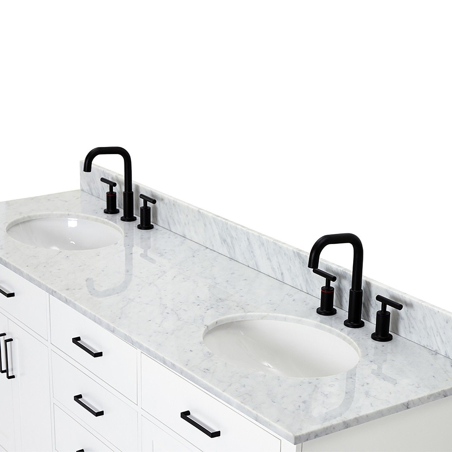Modern white solid wood bathroom vanity with a white quartz countertop showing gray veining, two undermount ceramic sinks, matte-black widespread faucets and matching black drawer pulls