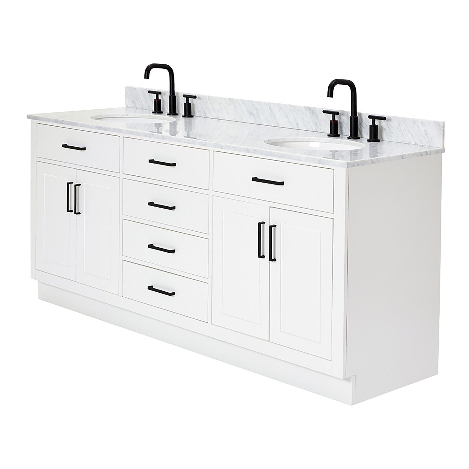 73-inch freestanding white solid wood bathroom vanity with Giotto quartz countertop, two integrated white sinks, matte black faucets and matching black handles, modern style with center drawers and side cabinets for storage.