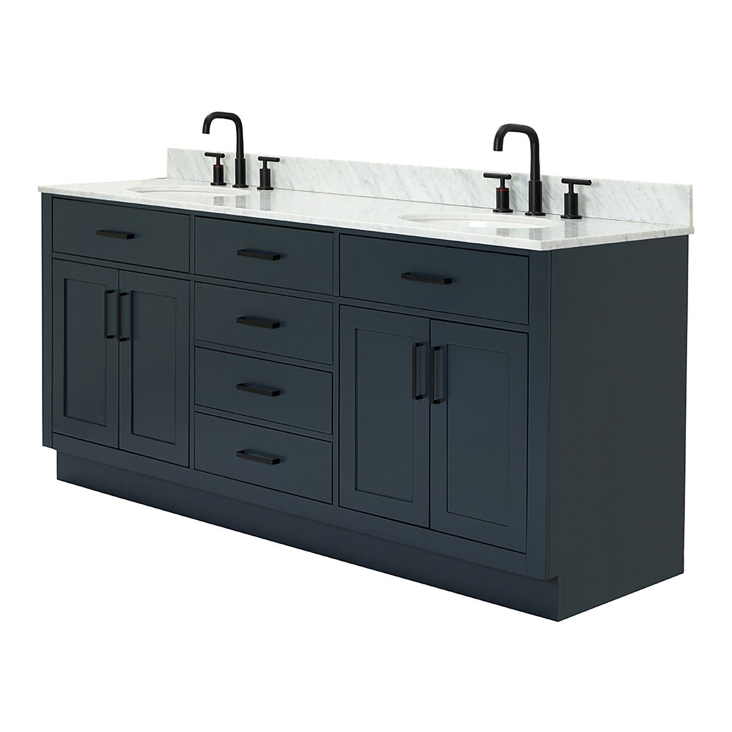 73-inch freestanding solid wood bathroom vanity in black with white quartz countertop and backsplash, two undermount sinks, matte black faucets, and multiple drawers and cabinet storage in a modern style.