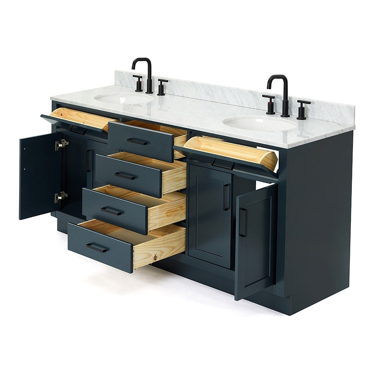 73-inch black solid wood double-sink bathroom vanity with white Giotto quartz countertop, two matte-black faucets, undermount ceramic sinks, and multiple open drawers and cabinets showing natural wood interiors.