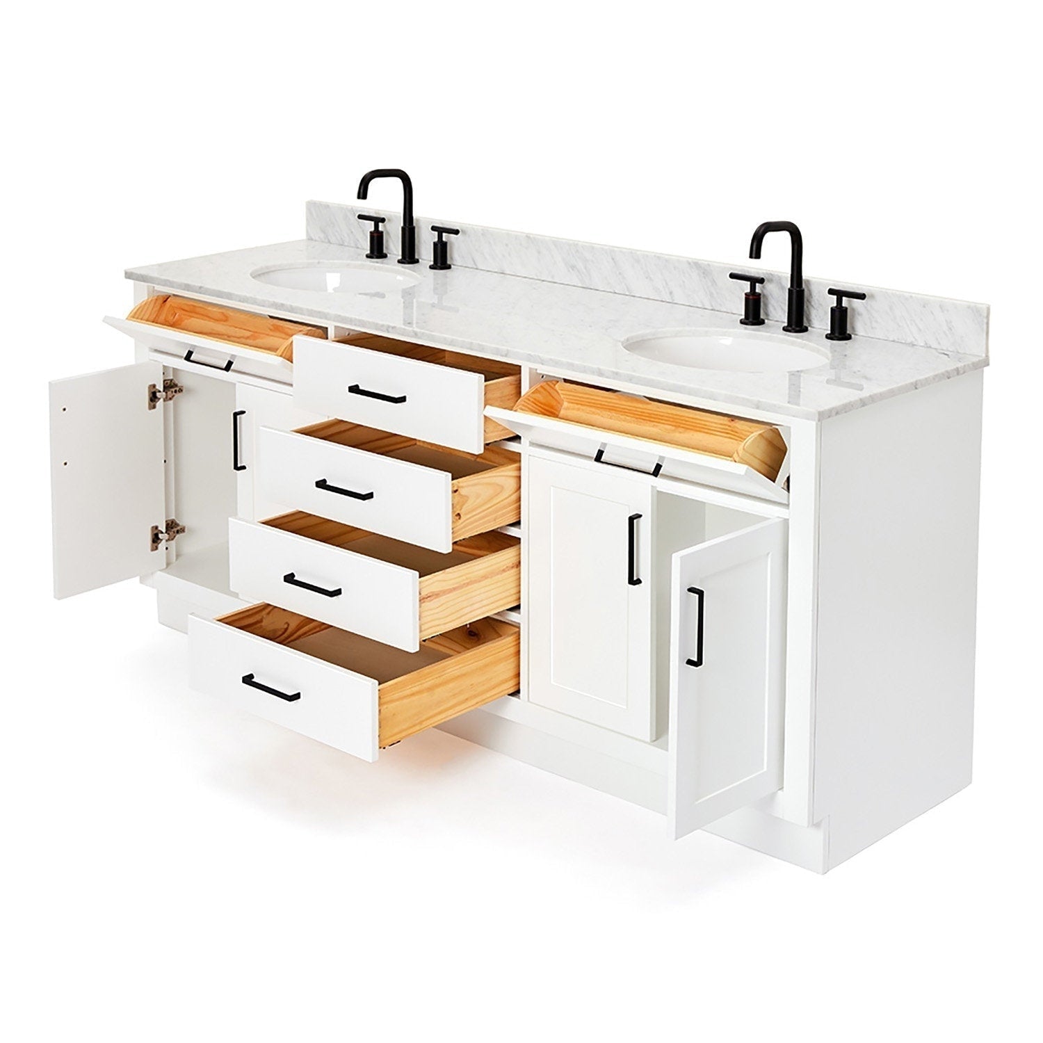 White solid-wood double-sink bathroom vanity with marble-look quartz countertop, matte black faucets and multiple open drawers and cabinet doors revealing natural wood interiors.