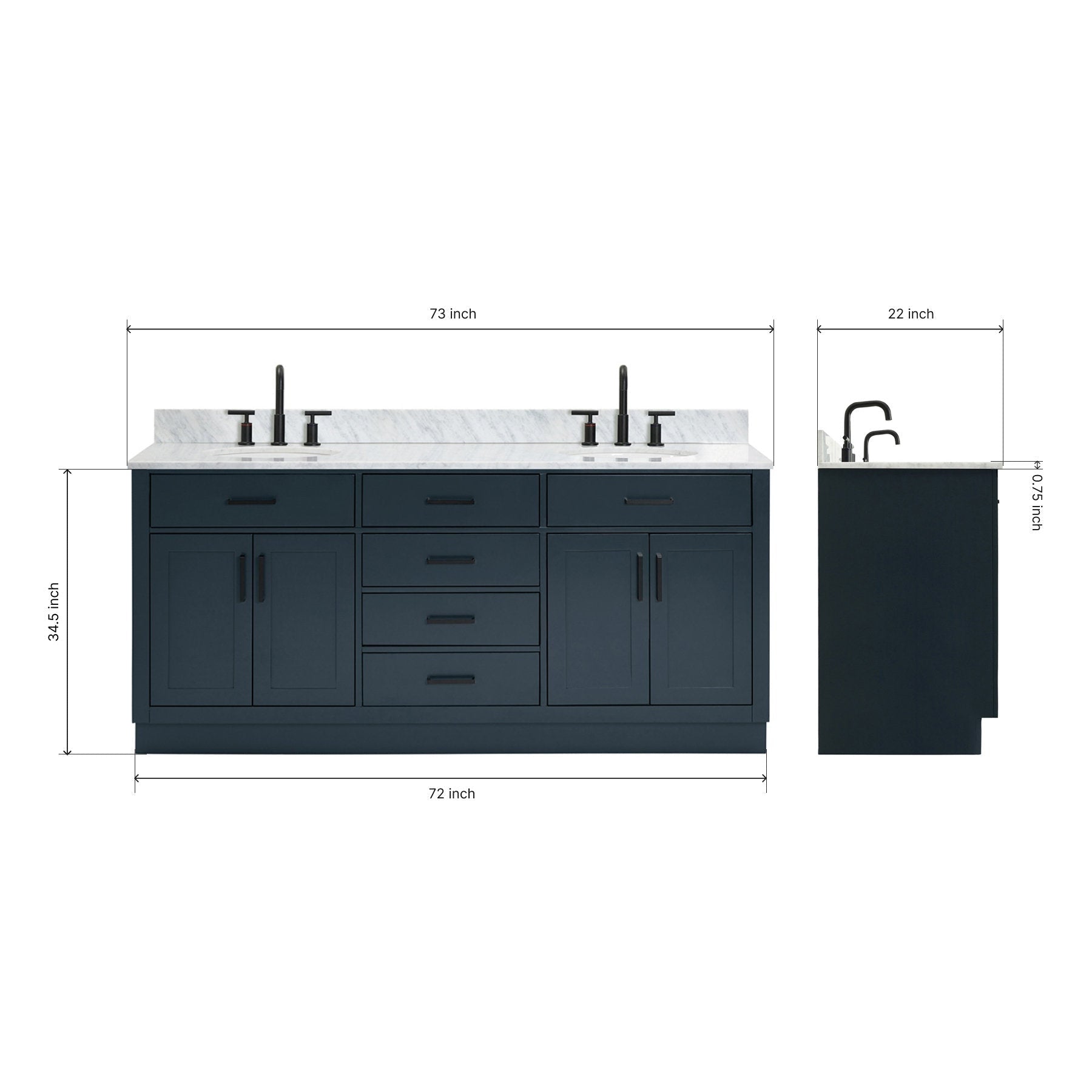 Front and side view of a 73-inch black solid wood modern bathroom vanity with Giotto white quartz top, two undermount ceramic sinks, matte-black faucets and pulls, shaker-style doors, center drawers and dimension markings.