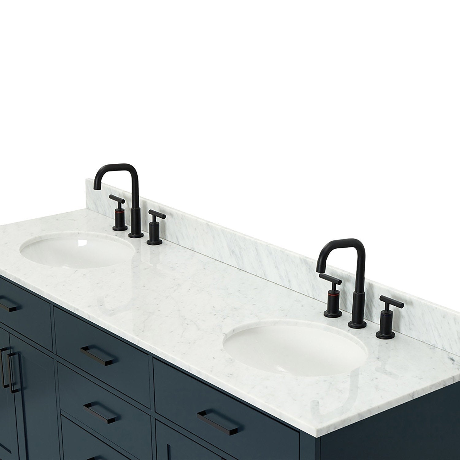 Contemporary black solid-wood bathroom vanity with white Giotto quartz countertop, two oval undermount sinks, low backsplash, and matte black faucets with matching rectangular drawer pulls.
