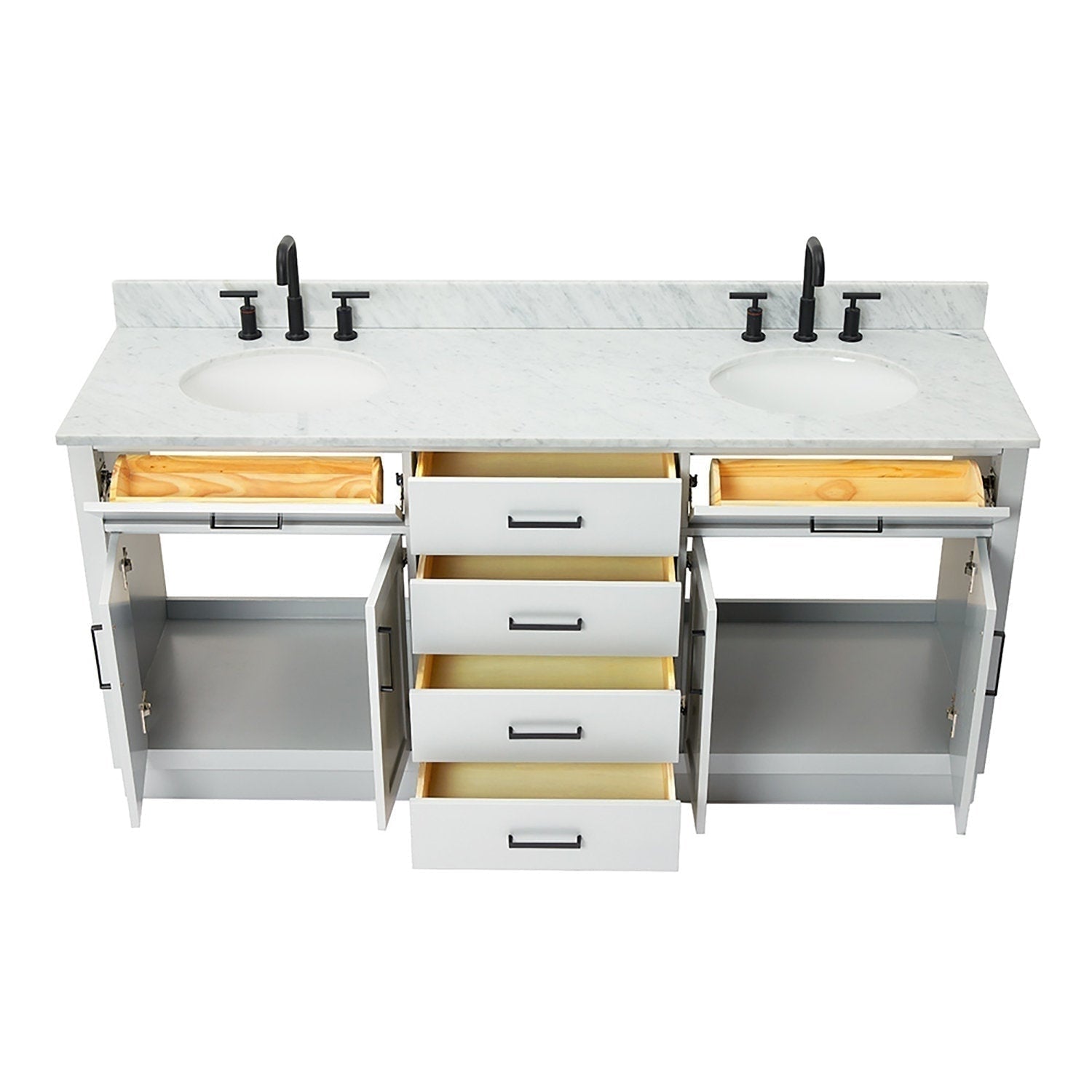 73-inch modern freestanding white solid-wood bathroom vanity with Giotto white-gray quartz countertop, two undermount ceramic sinks, matte black faucets and hardware, drawers and cabinets open showing wood interiors.