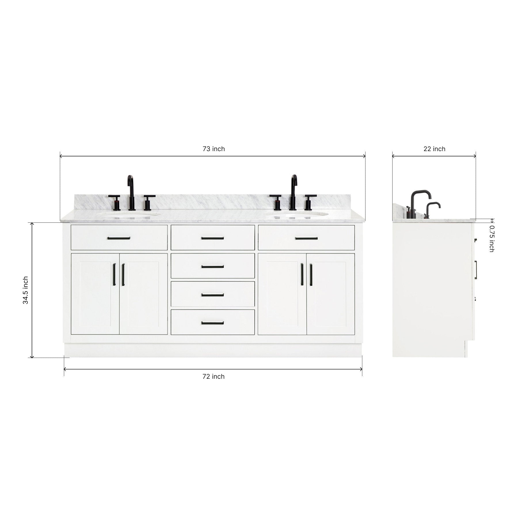 Front and side views of a 73-inch white solid wood bathroom vanity with Giotto quartz countertop, two matte-black faucets, undermount ceramic sinks, black bar handles and labeled width, depth and height dimensions.