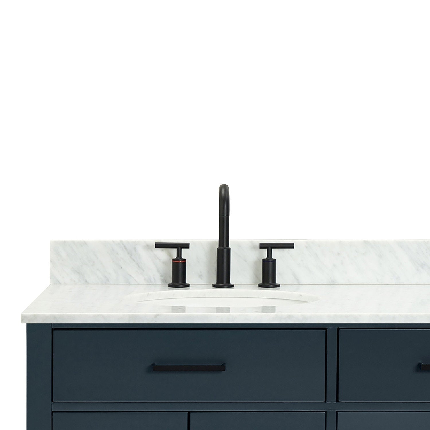 Front view of a 73-inch modern solid wood bathroom vanity in black with a white quartz countertop, undermount ceramic sink, matte-black three-piece faucet with T-handles, and matching black drawer pulls.