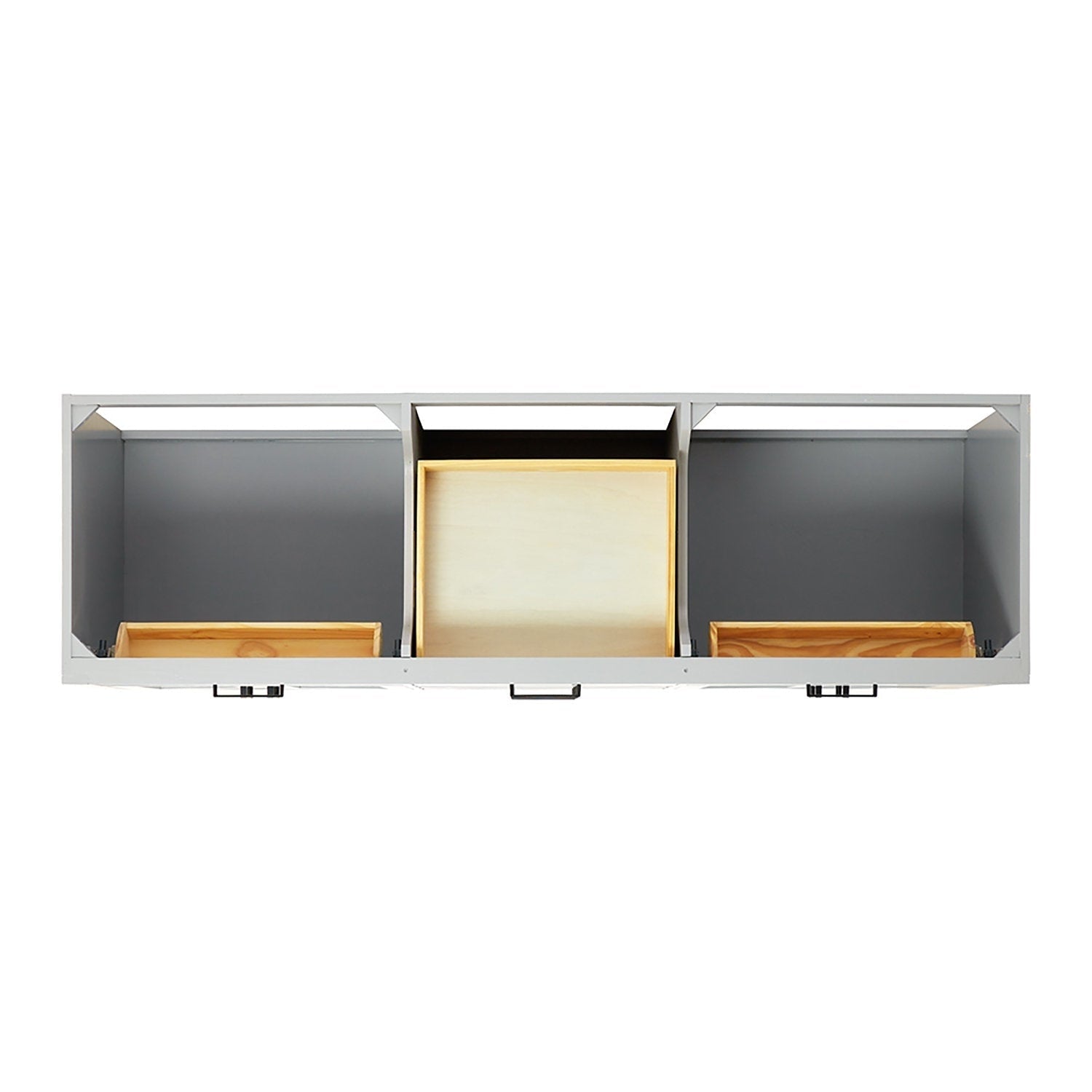 Front view of a 73-inch matte black modern bathroom vanity interior showing three open compartments with light wooden drawer boxes, gray backing panels and a centered black metal pull handle.
