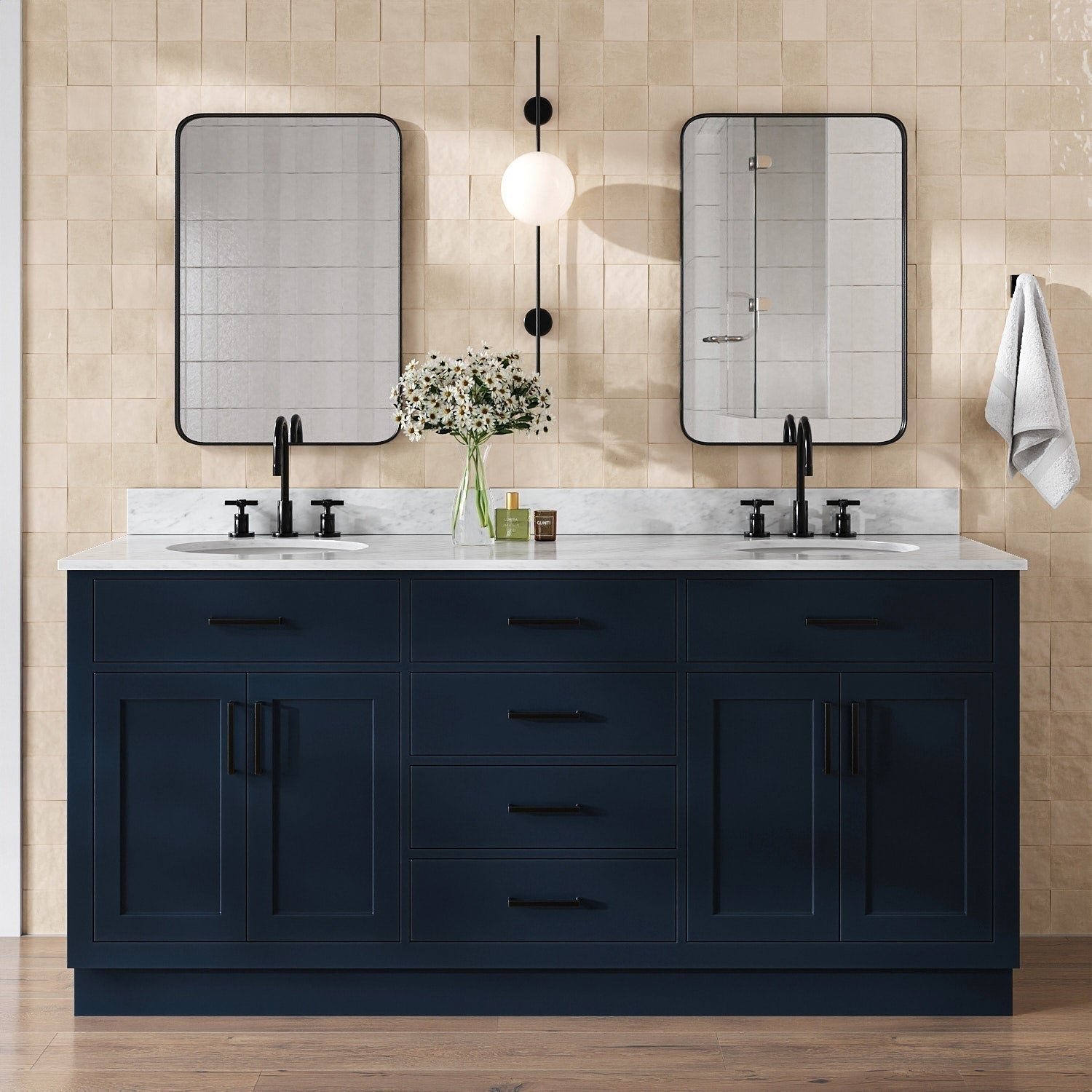 73-inch solid wood freestanding bathroom vanity in black with white Giotto quartz top, two undermount sinks, matte-black faucets and hardware, multiple drawers and cabinets, two black-framed mirrors and a central wall sconce.