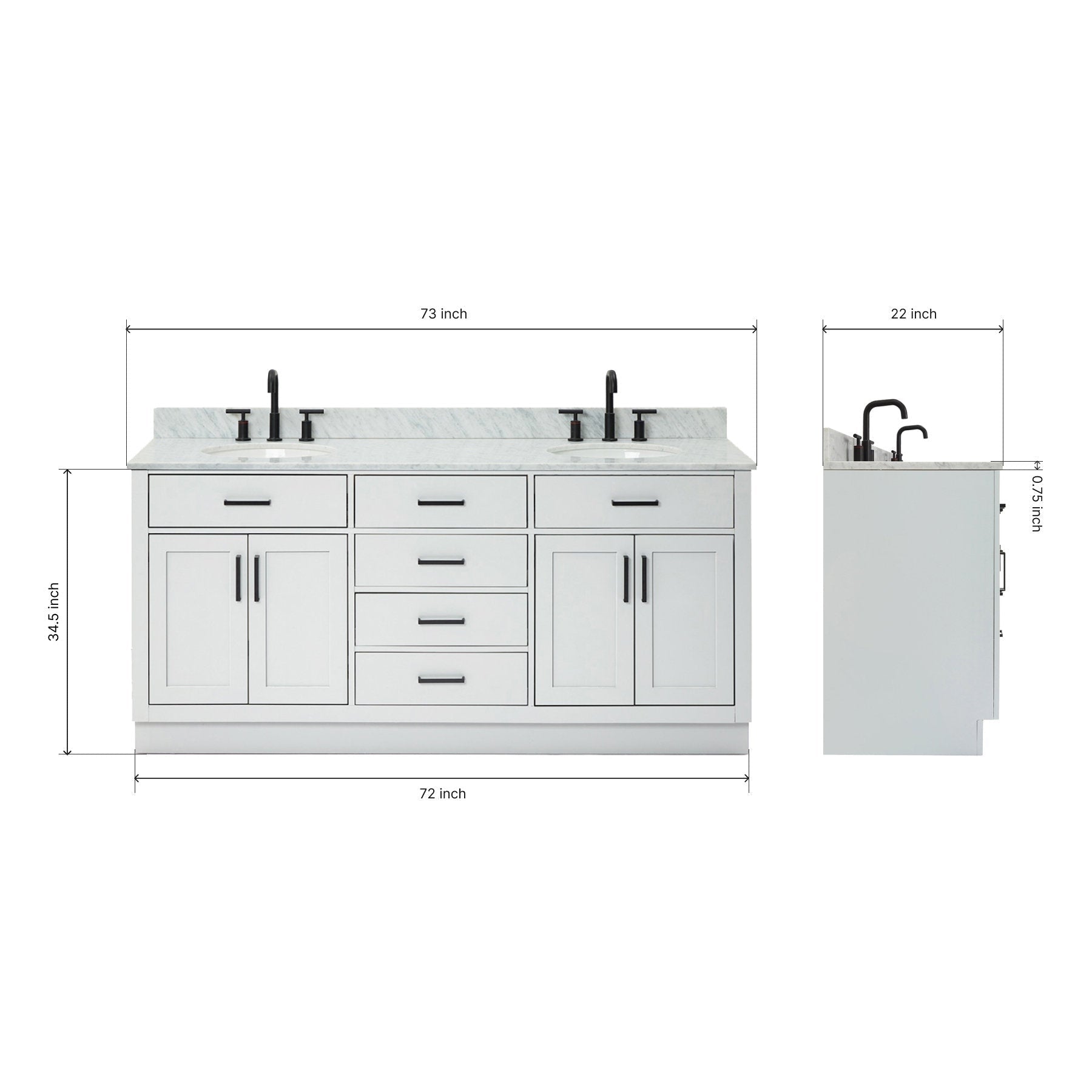 Front and side diagram of a 73-inch modern solid wood double-sink bathroom vanity with Giotto quartz countertop, light gray finish and matte-black faucets and hardware, showing dimension callouts: 73 in wide, 22 in deep, 34.5 in high.