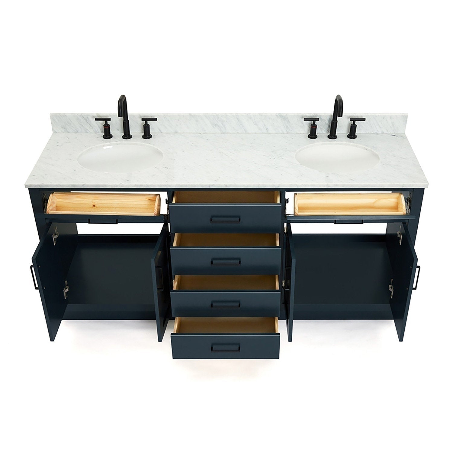 Front-facing view of a black solid wood double-sink bathroom vanity with white Giotto quartz countertop, two undermount ceramic sinks, matte black faucets, four center drawers and open side cabinets showing natural wood drawer interiors.