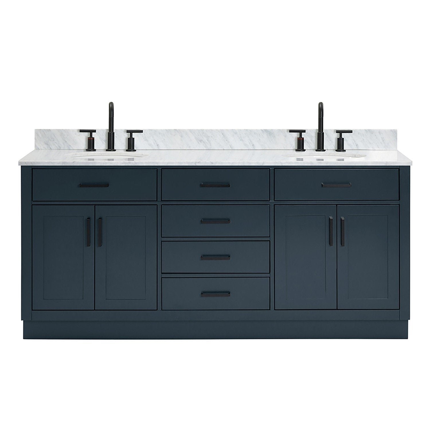73-inch modern solid wood bathroom vanity in black with a white quartz countertop, two undermount sinks and matte black faucets, shaker-style cabinet doors and multiple soft-close drawers with black bar pulls.