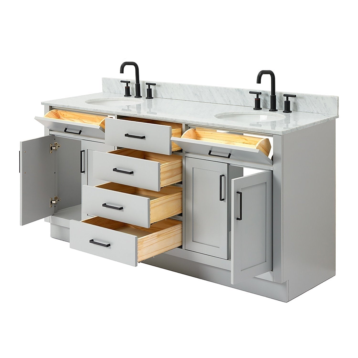 73-inch modern solid wood double-sink bathroom vanity with Giotto quartz countertop, two undermount ceramic sinks, matte black faucets and hardware, gray cabinet with open drawers revealing natural wood interiors.