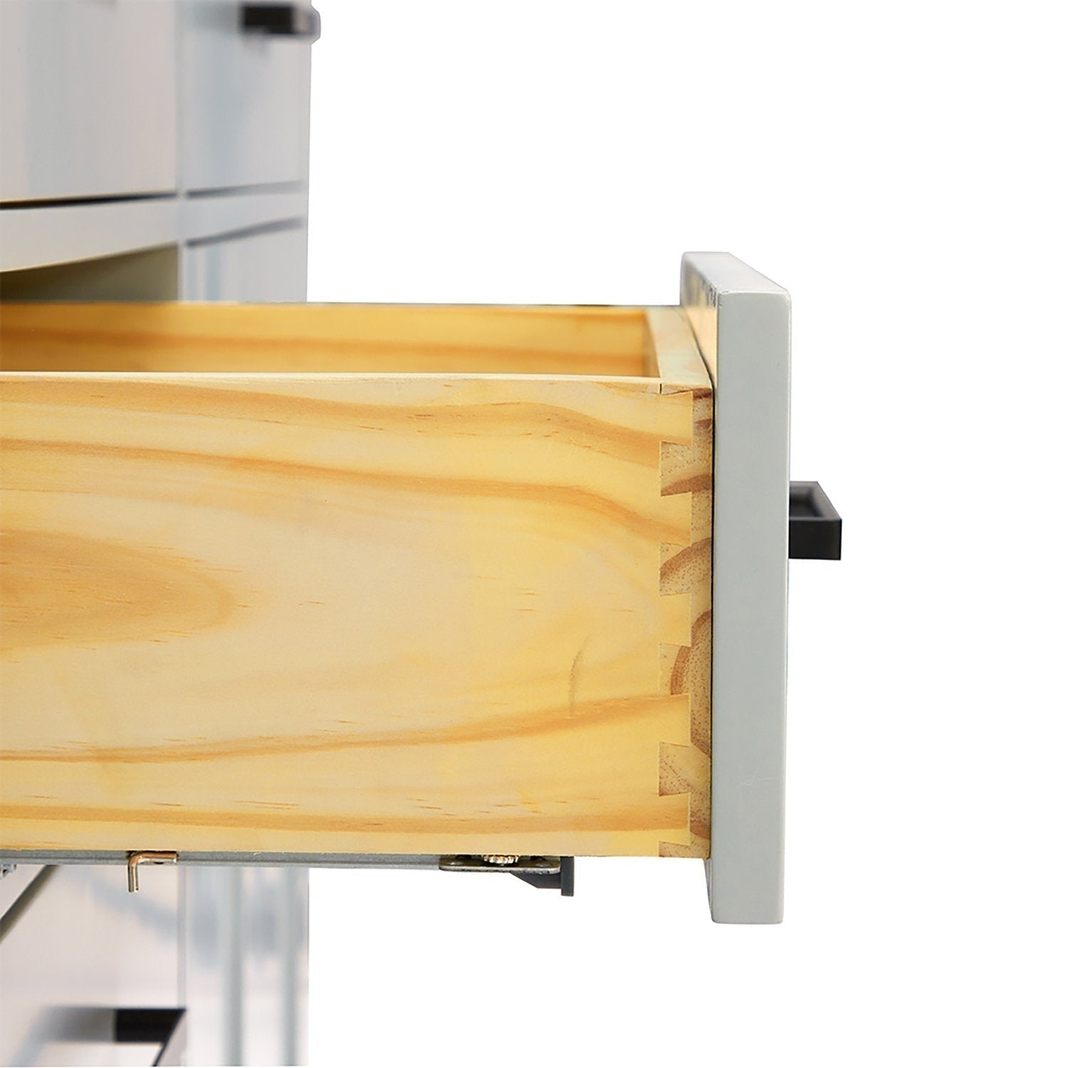 Close-up of a solid wood drawer showing dovetail joinery and natural light wood grain, with a gray painted front panel and matte-black handle, extended from a modern bathroom vanity.