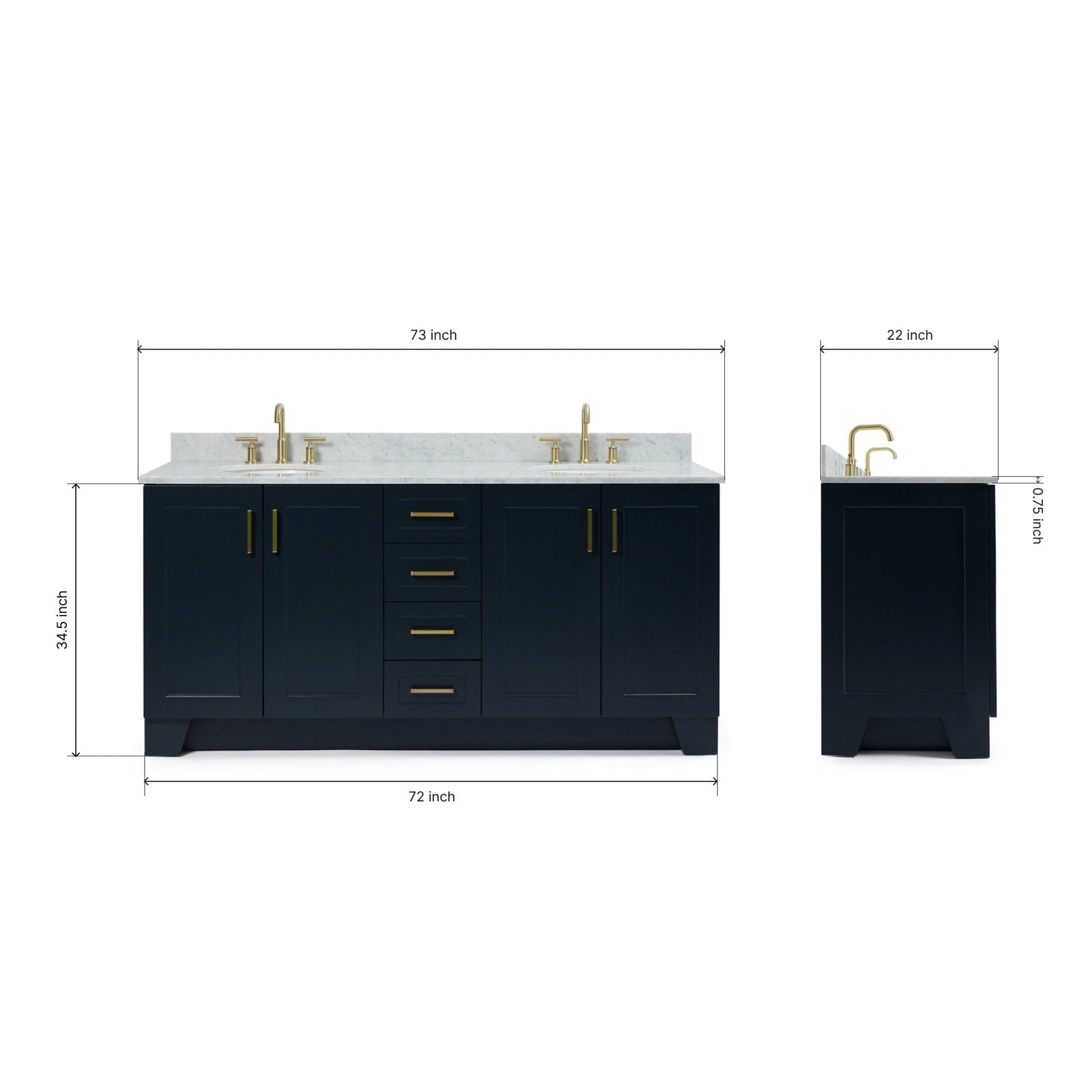 73-inch solid wood bathroom vanity with white stone countertop, dual sinks, and satin-bronze faucets and hardware on a dark wood finish, shown front and side with measurement annotations.
