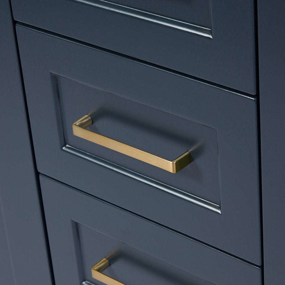Close-up of solid wood bathroom vanity drawers in a stone-gray finish with recessed-panel fronts and satin bronze rectangular bar pulls in a modern contemporary style.