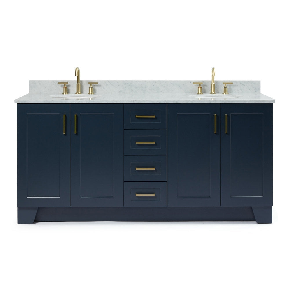 73-inch navy solid wood double-sink bathroom vanity with white stone countertop and backsplash, satin-bronze faucets and hardware, four center drawers and four cabinet doors.