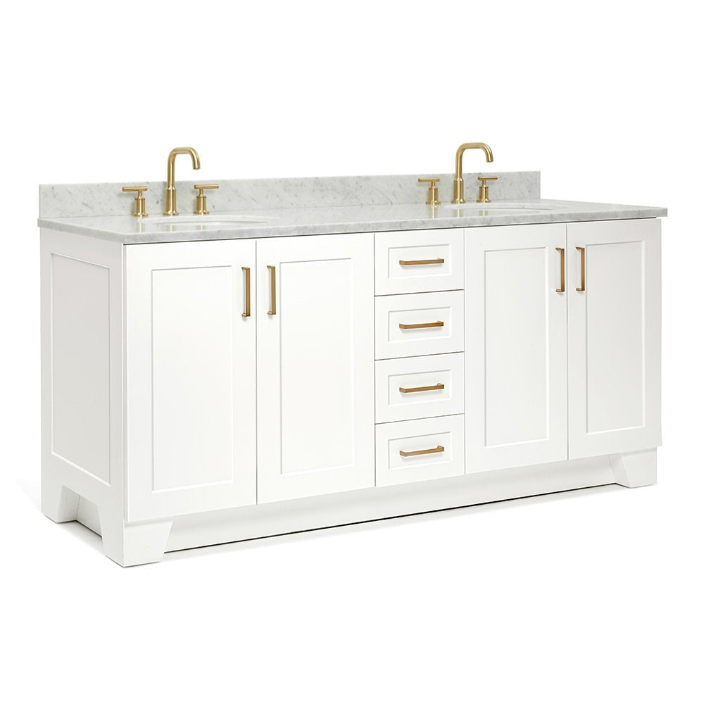 73-inch freestanding solid wood bathroom vanity in white with a stone countertop, two undermount sinks, satin-bronze faucets and matching drawer and door pulls, shaker-style doors and four center drawers.