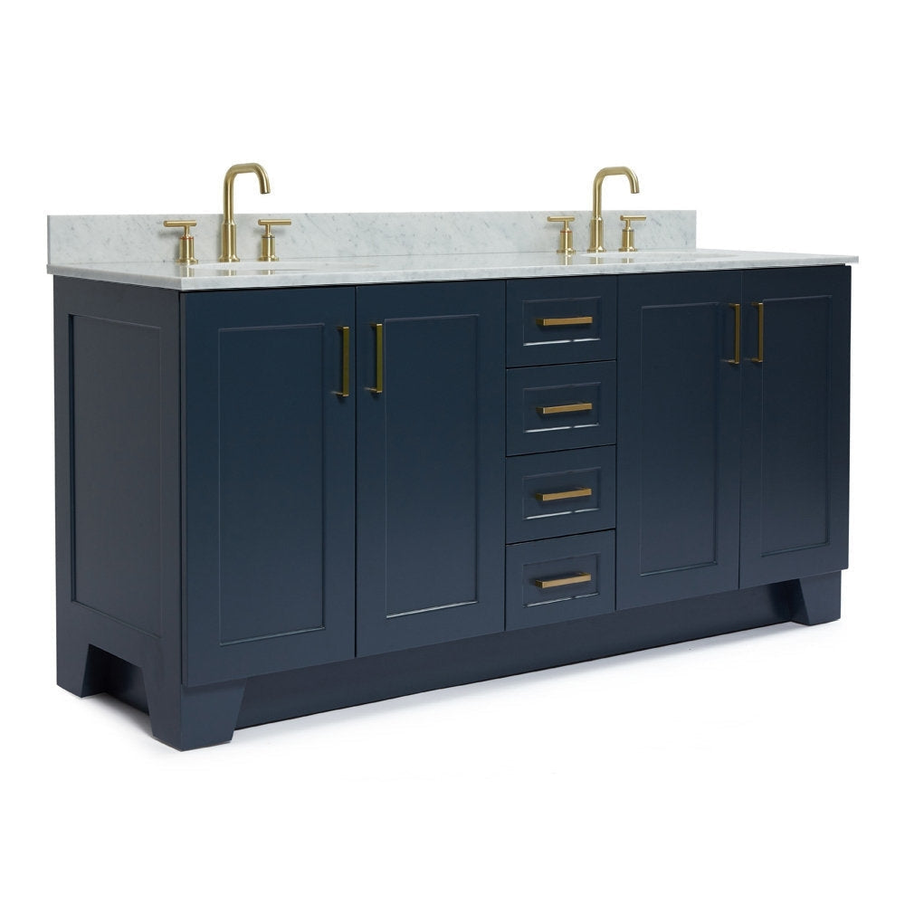 Freestanding solid wood navy vanity with white stone countertop and backsplash, two satin-bronze faucets and matching pulls, four center drawers and cabinet doors for a modern double-sink bathroom vanity.